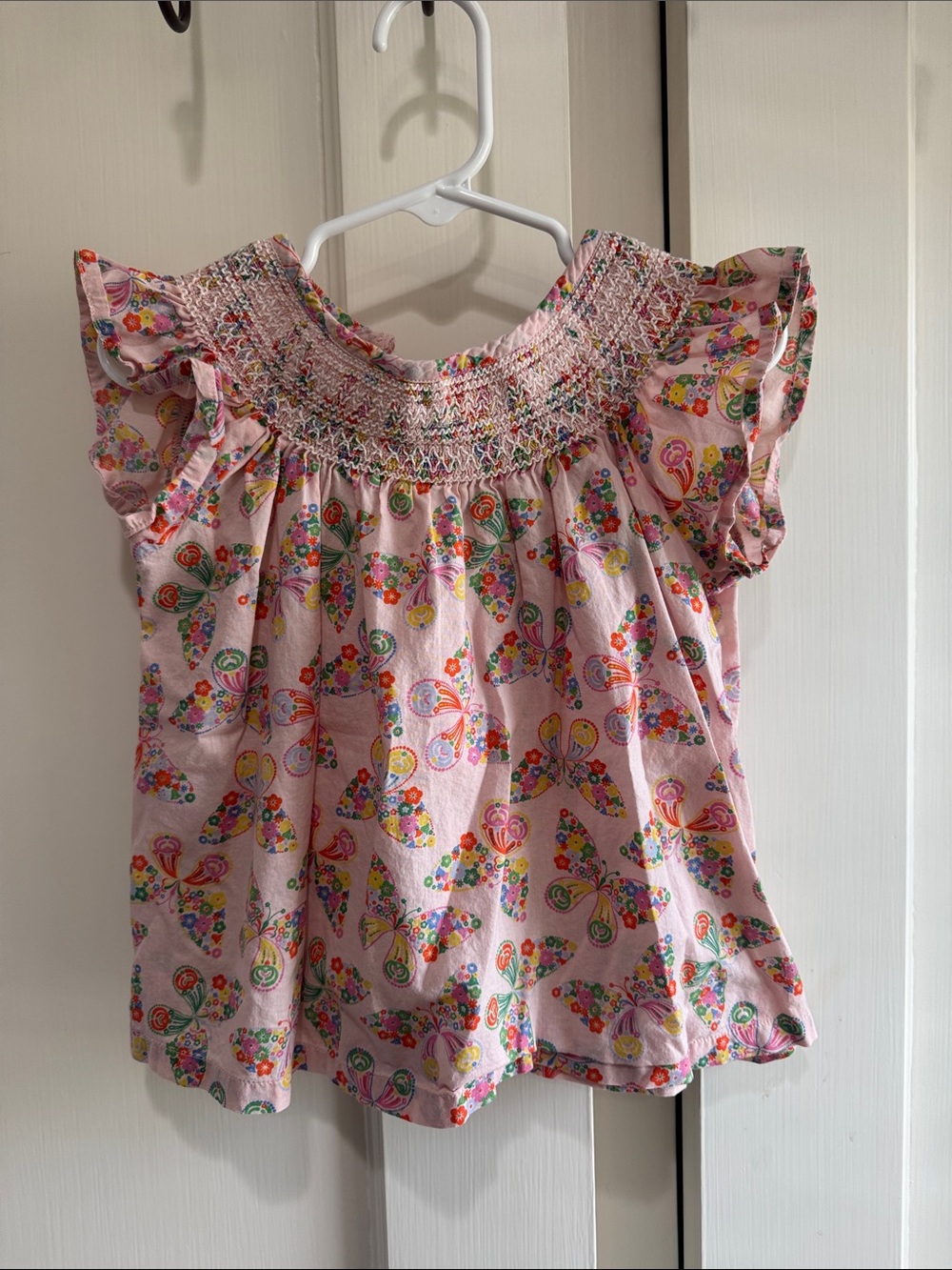 Mini Boden Pink Floral Paisley Smocked Flutter Sleeve Top